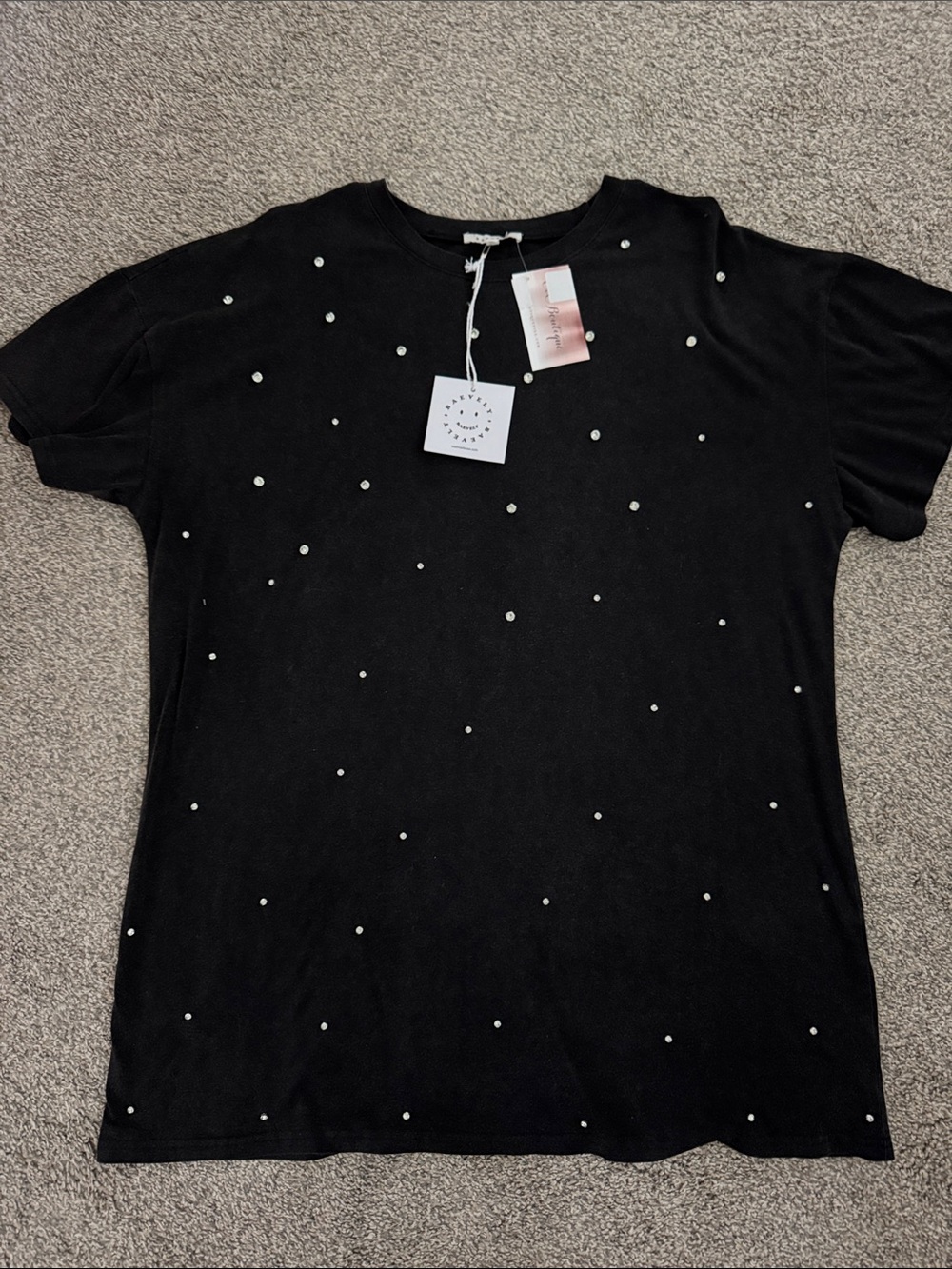 Women's Black Short Sleeve T-shirt Dress with Rhinestone Stud Accents